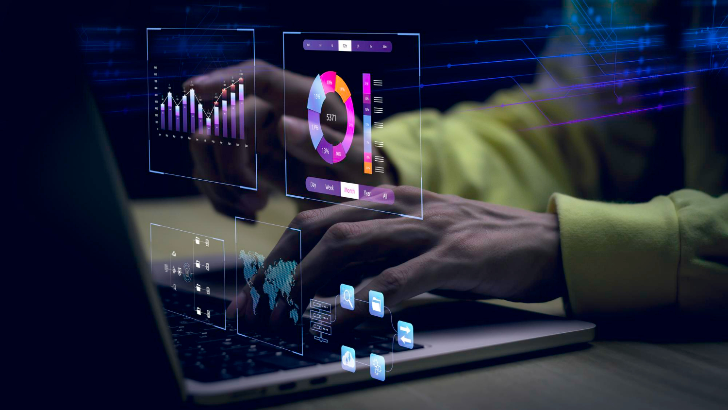 Imagem ilustrando o conteúdo sobre construir uma cultura data driven mostrando o gestor de uma empresa que adotou essa cultura analisando dados em seu computador.