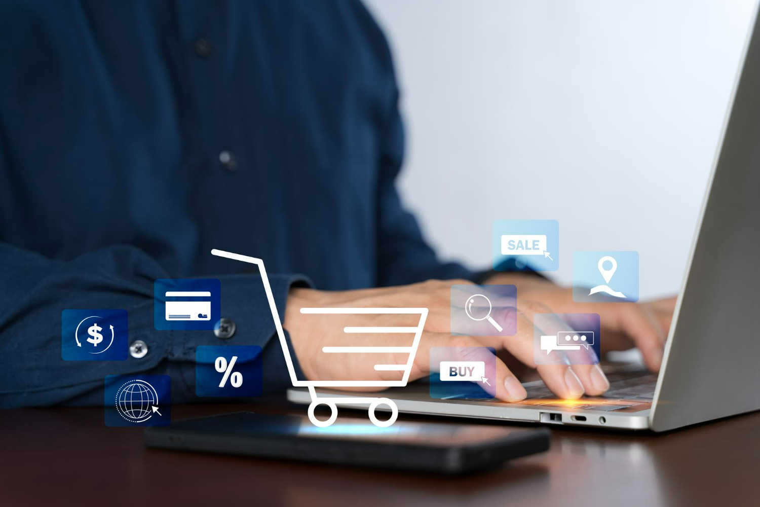 Imagem ilustrando o conteúdo sobre IA e data analytics usados em e-commerce mostrando um profissional de marketing usando essas ferramentas para otimizar os números dos seus clientes.