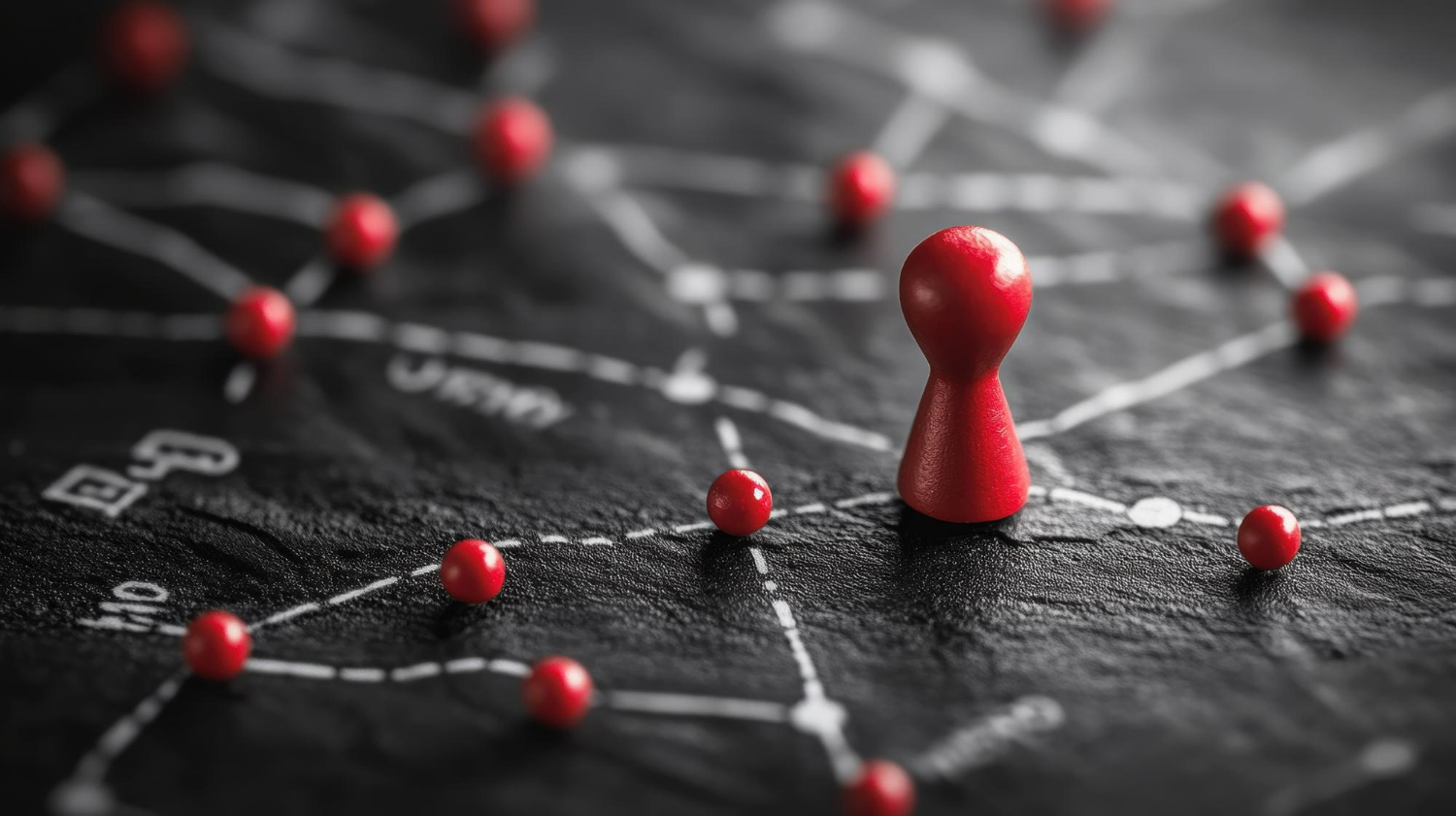Imagem ilustrando o conteúdo sobre posicionamento de marca mostrando um peão vermelho em meio a vários pinos vermelhos, se destacando no cenário, como uma marca com posicionamento claro faz.
