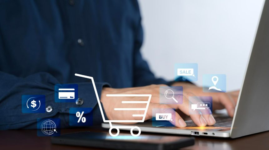 ia-e-data-analytics Imagem ilustrando o conteúdo sobre IA e data analytics usados em e-commerce mostrando um profissional de marketing usando essas ferramentas para otimizar os números dos seus clientes.