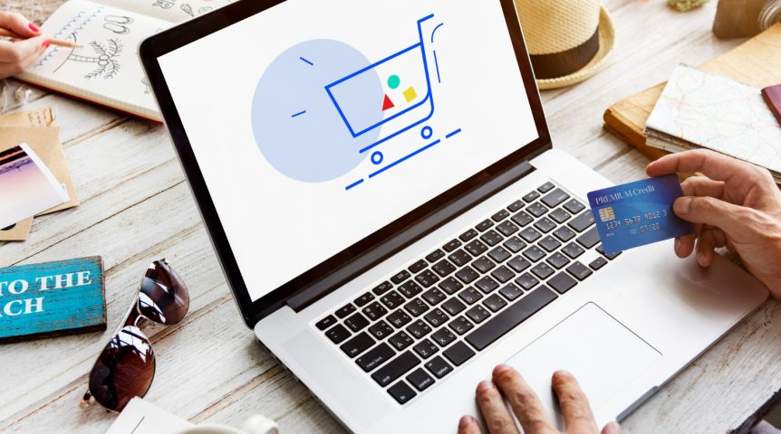 google-shopping Imagem ilustrando o conteúdo sobre como aparecer no Google Shopping mostrando um cliente fazendo uma compra online.