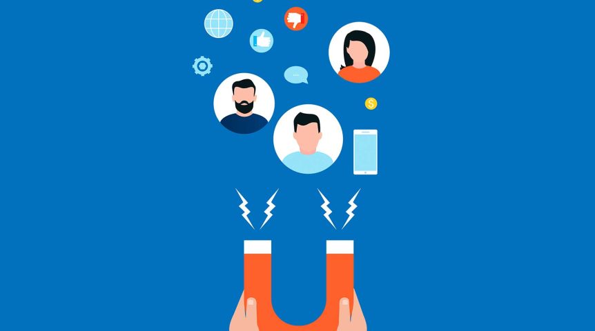 Ilustração de um imã atraindo pessoas e ícones de redes sociais, mostrando o conceito de custo de aquisição de clientes.