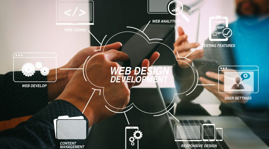 Desenvolvimento de sites para empresas Imagem mostrando um web designer e ícones de web design. Imagem ilustrativa sobre desenvolvimento de sites para empresas.