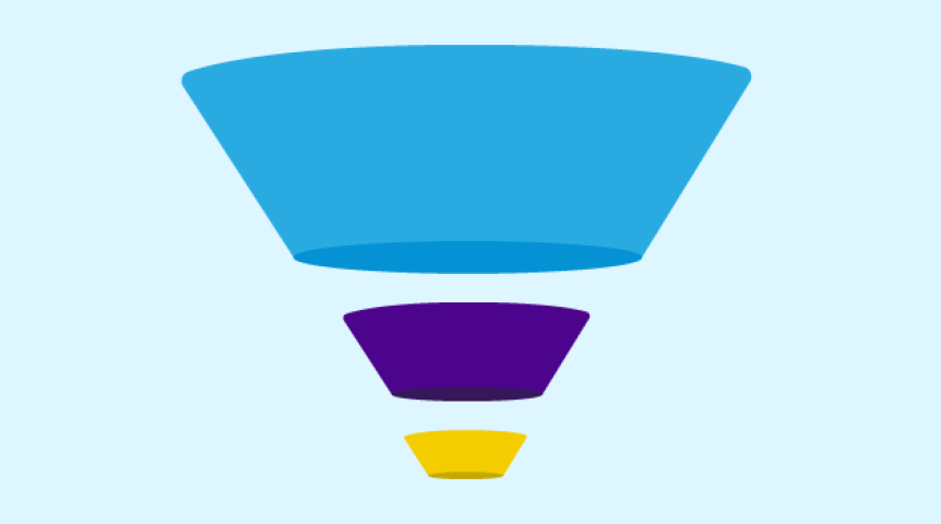 Ilustração em azul, roxo e amarelo de um funil de vendas