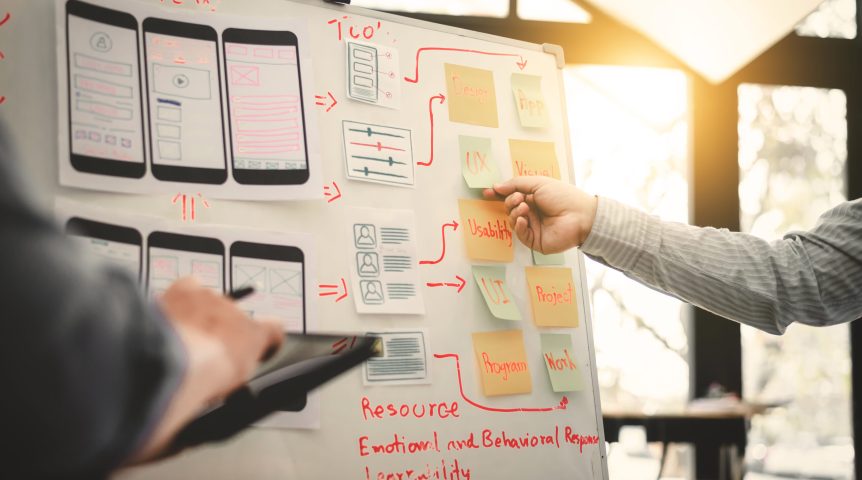 Experiência do usuário Time de experiência do usuário trabalhando no design do site para melhor sua usabilidade.