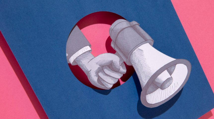 Imagem ilustrativa sobre anúncios no Instagram mostrando um ilustração de uma mão com um megafone, representando o alcance que as campanhas tem nessa rede social.