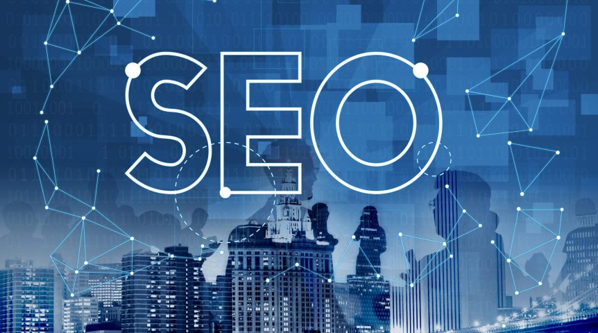 Ilustração em tons de azul, com gráficos brancos, mostrando resultados de uma estratégia de SEO