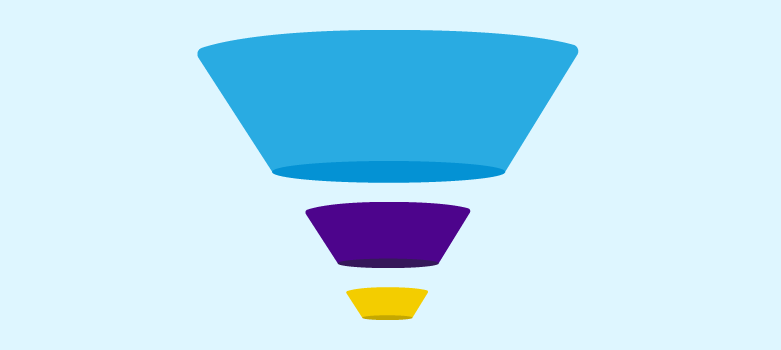 Ilustração em azul, roxo e amarelo de um funil de vendas